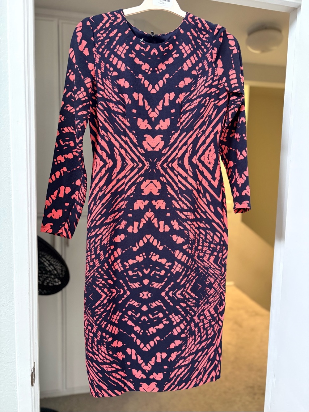 Maggy London Pink and Navy Printed Long-Sleeve Sheath Dress